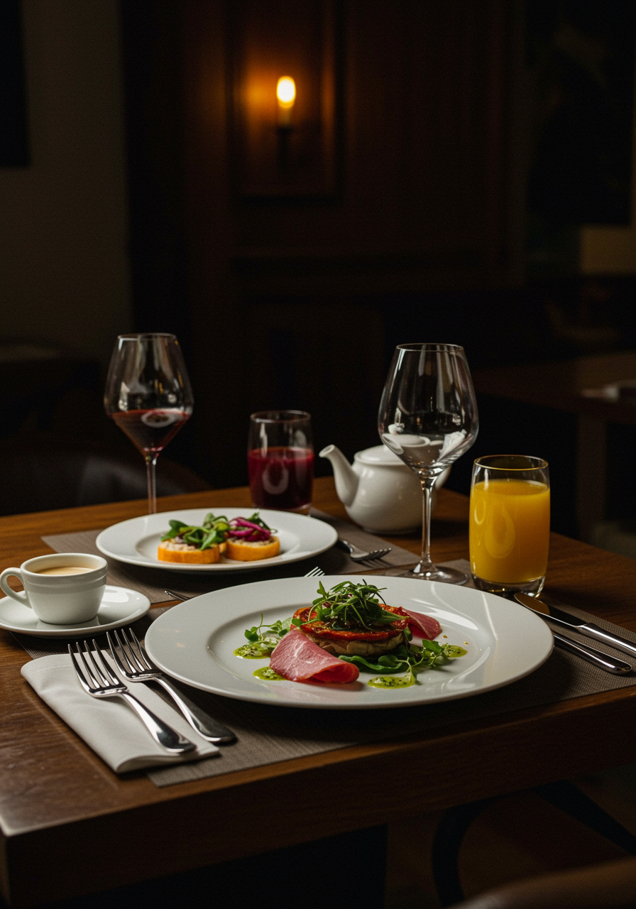 A beautifully composed lunch setting featuring gourmet dishes artfully presented on fine tableware. The image should convey the freshness of ingredients and the sophistication of the dining experience, characteristic of the “Menú De Almuerzo” at Restaurante Casa Isabel, set in an ambiance that is both modern and welcoming.