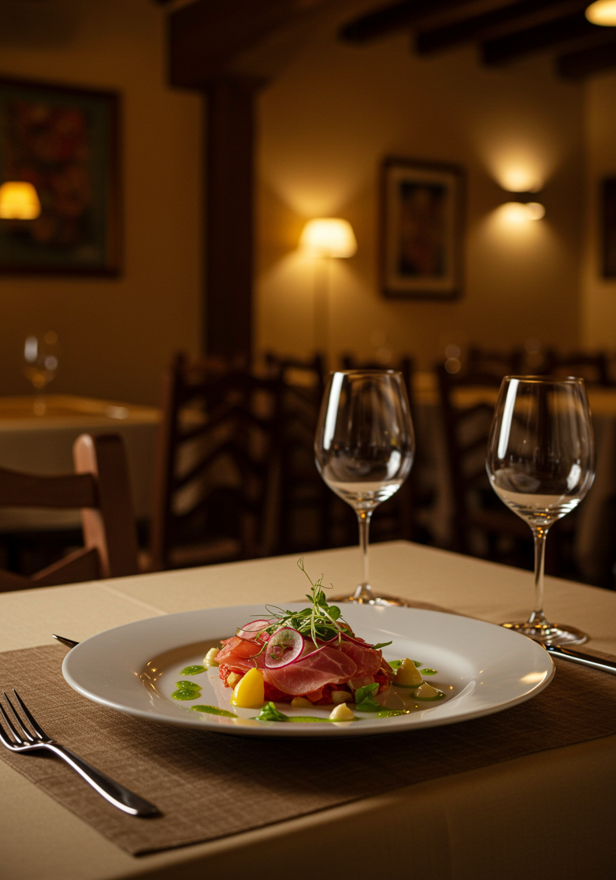 A beautifully plated daily special dish set on an elegant table in a warm, inviting restaurant interior. The composition highlights fresh, vibrant ingredients and artistic presentation, embodying the spirit of the “Menú Del Día” at Restaurante Casa Isabel. The setting subtly integrates rustic and modern design elements to connect cuisine with comfort.