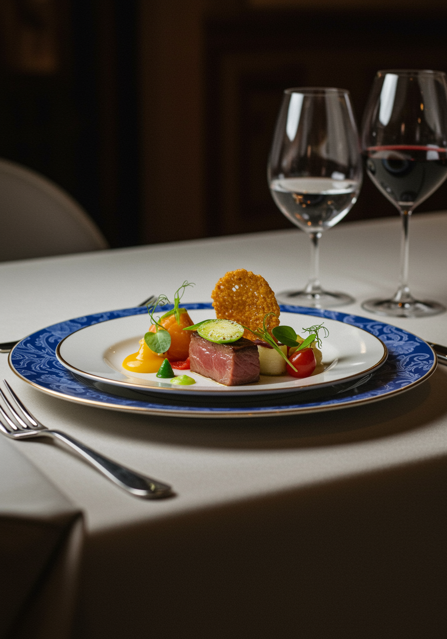 A gourmet dish artfully arranged on fine china, showcasing intricate culinary details and vibrant colors. The image should exude sophistication and creativity, reflecting the exclusive “Menú Gourmet” offered at Restaurante Casa Isabel. The background suggests an upscale dining environment with subtle, refined décor.