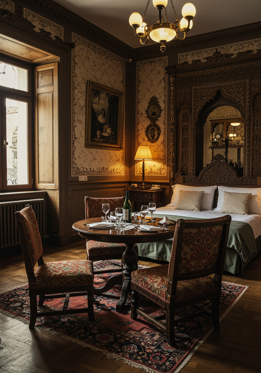 A classic, elegantly furnished hotel room with traditional Spanish décor, warm ambient lighting, deep wood tones, and ornate details that evoke a sense of history and comfort. The scene should capture the inviting atmosphere of Restaurante Casa Isabel’s “Habitación Clásica” in Gamonal, emphasizing authenticity and relaxation.