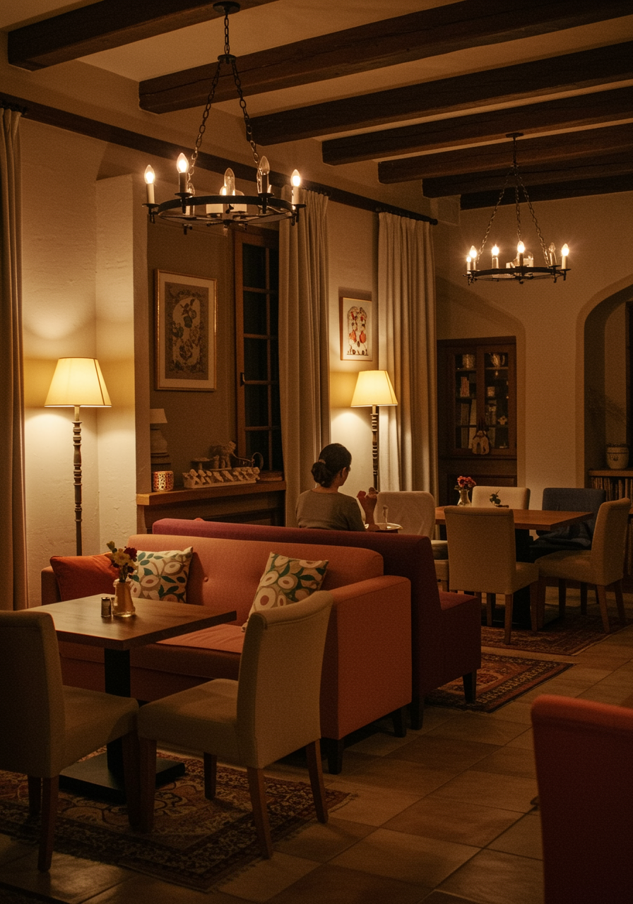 A warm and inviting family-friendly space that highlights comfort and traditional Spanish charm. This image should depict a spacious, well-lit room with cozy seating, soft décor, and subtle playful details that make it perfect for a “Estancia Familiar” at Restaurante Casa Isabel.