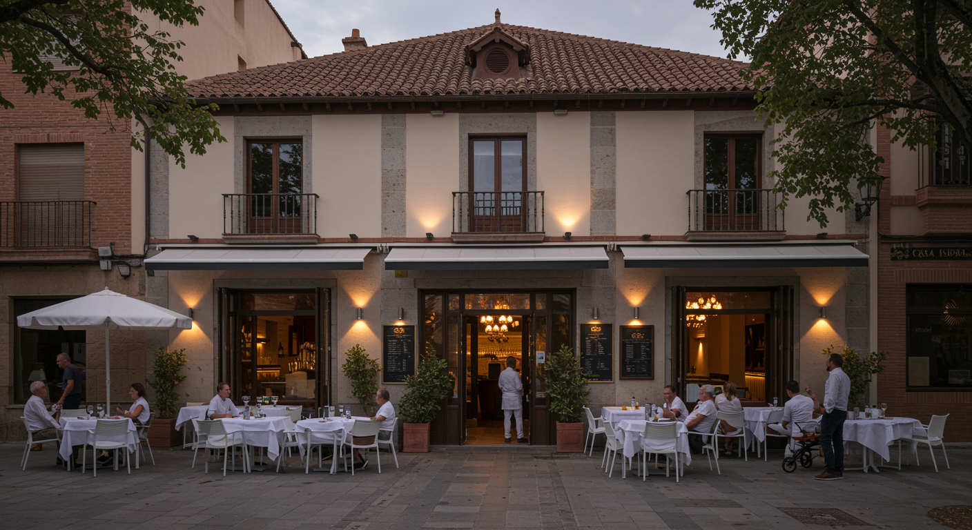 Generate a photorealistic image of the exterior of Restaurante Casa Isabel in Gamonal, Toledo. The image should showcase a modern yet charming building that blends traditional Spanish architectural details with contemporary design elements, reflecting an exclusive hostal and innovative restaurant experience. Emphasize warm Mediterranean lighting and a welcoming atmosphere through subtle pastel tones and natural light. Include elegant outdoor seating areas with white tablecloths and tasteful greenery, suggesting a refined hospitality setting. Add a few white guests in smart casual attire enjoying the ambience, further underlining the establishment’s commitment to exceptional service and culinary innovation.